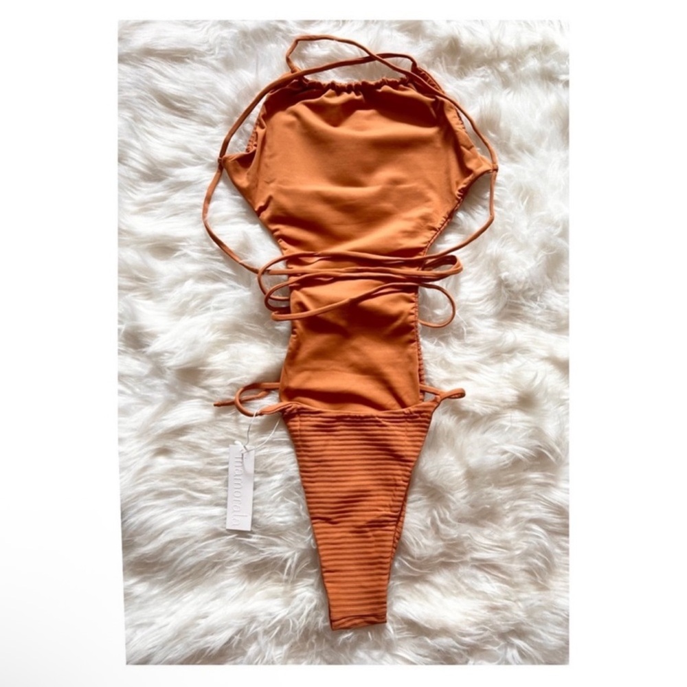 New! Rare INAMORATA George’s Ribbed Cut-Out Wrap Tie Lace Up One Piece Swimsuit - Picture 10 of 12